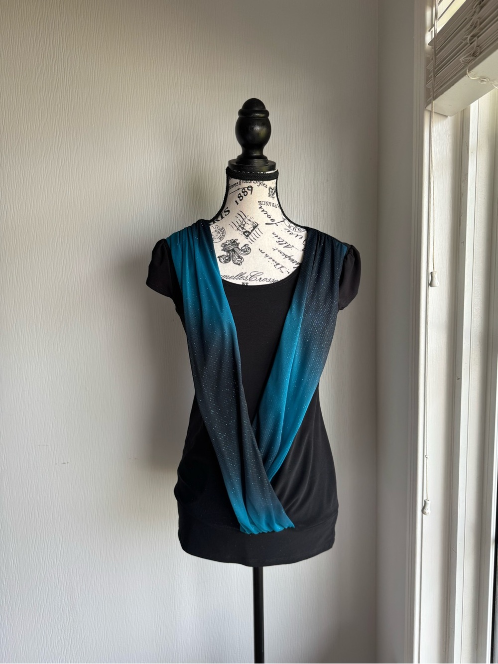 Black Blouse with Teal Ombre Scarf Detail with sparkles